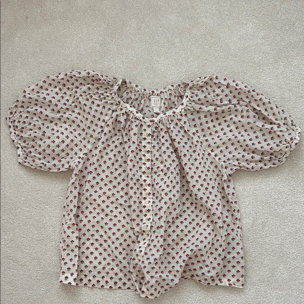White and Red Puff Sleeve Blouse with Polka Dots